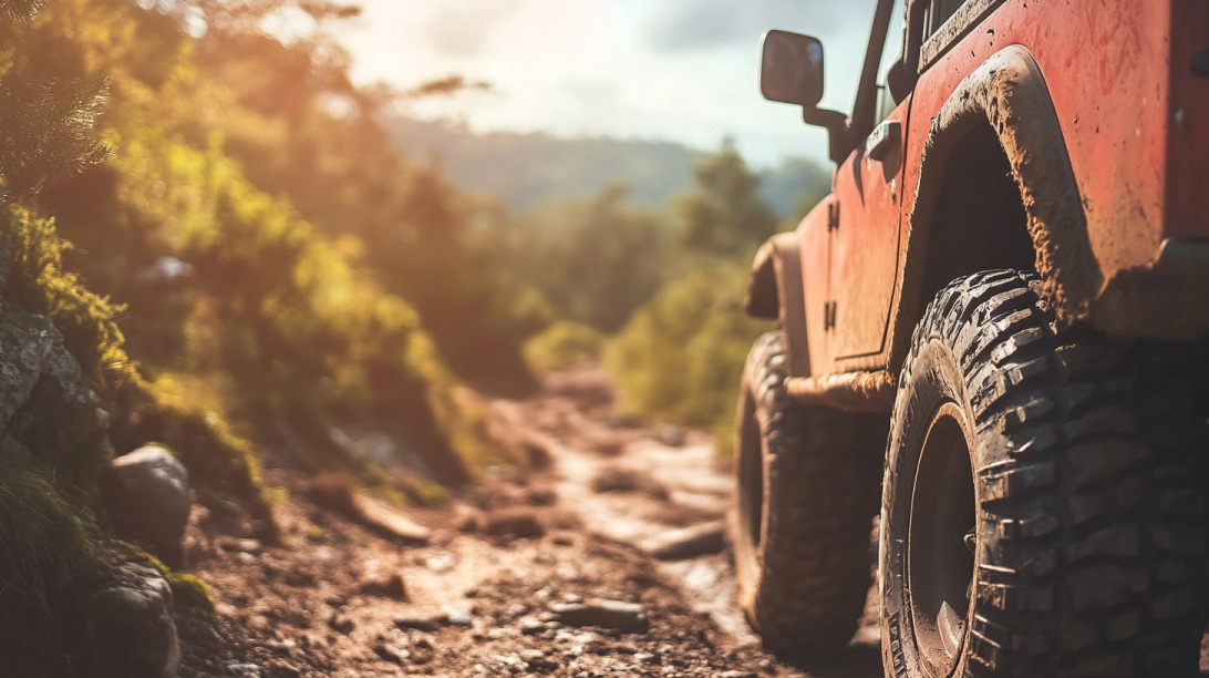 Close-up of a red off-road SUV with mud-covered tires on a rocky forest trail during golden hour lighting