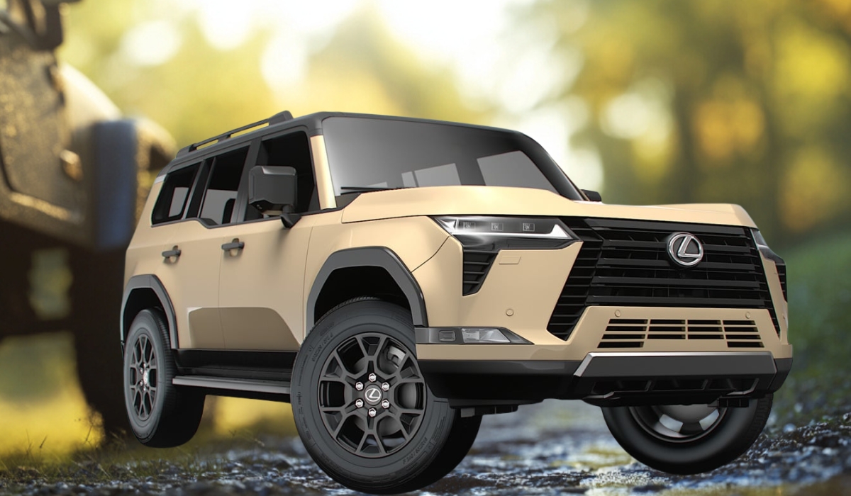 Beige 2024 Lexus GX Overtrail SUV on a wet forest path, featuring black fender flares, large off-road tires, LED headlights, and signature Lexus 