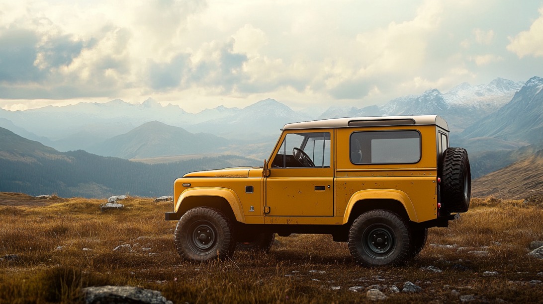 A yellow vintage off-road SUV parked on a grassy mountain plateau with a scenic view of distant snow-capped peaks under a cloudy sky