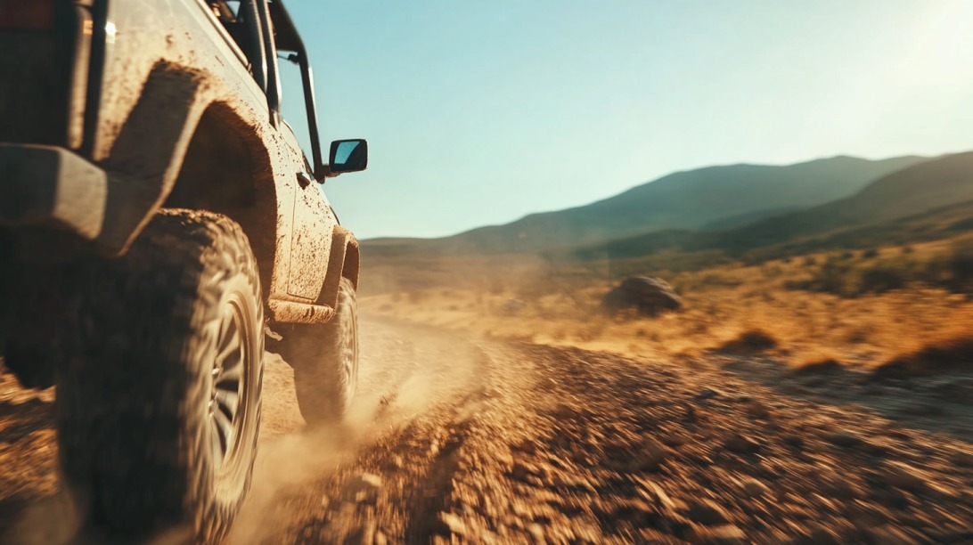 Close-up of a muddy off-road SUV driving fast on a rocky desert trail, with mountains in the background.